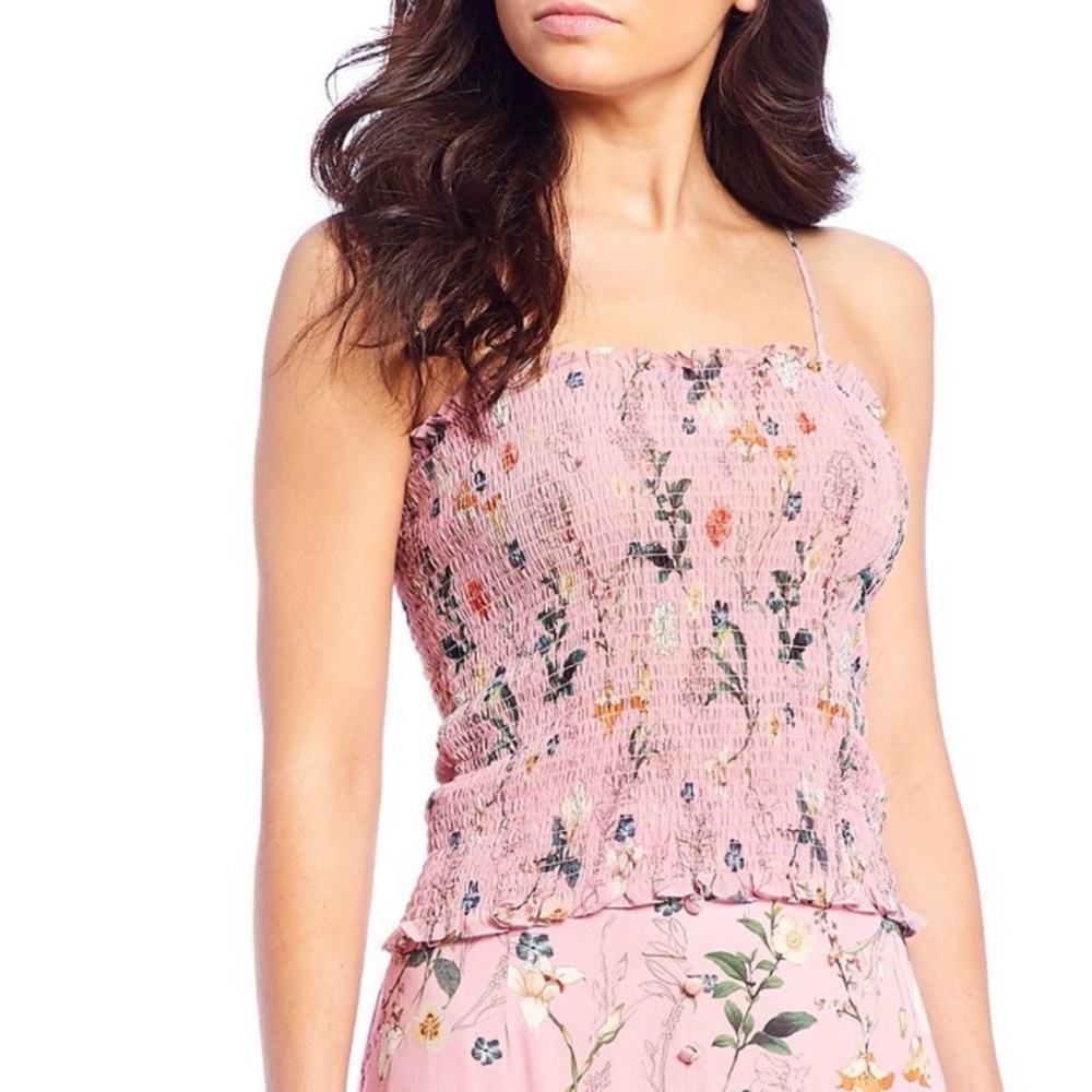Gianni Bini Smocked Stacey Floral Print Top Pink Small Feminine Summer Casual